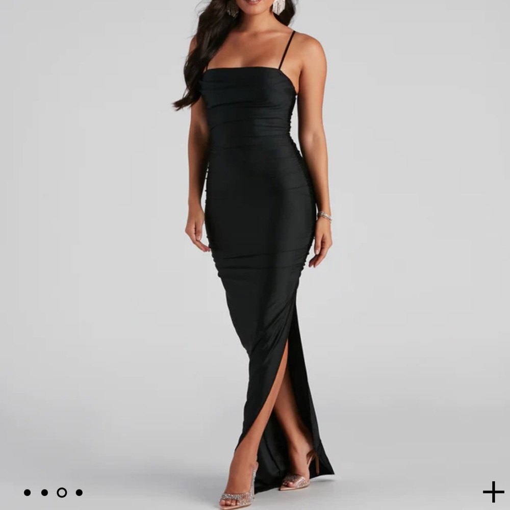 Black Ruched High Slit Dress Small